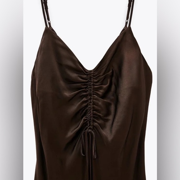 Zara Gathered Slip Midi Dress in Brown Size Large - Picture 4 of 12